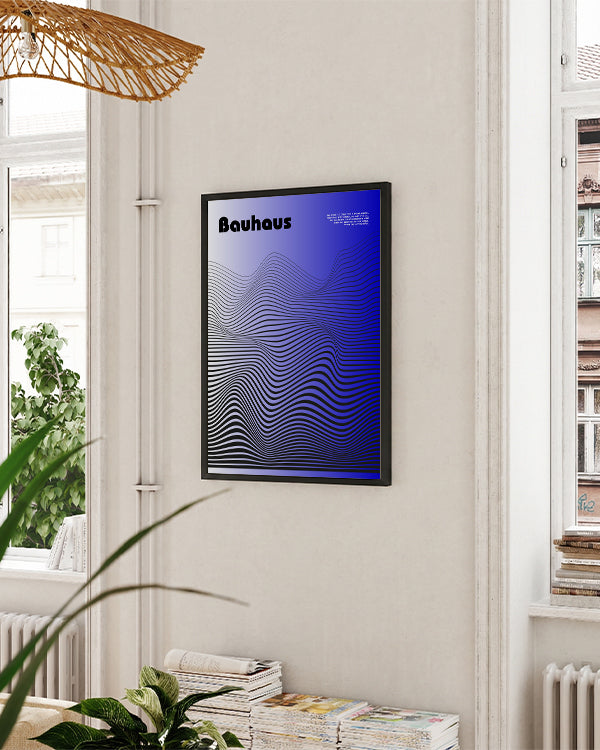 Blauer Hintergrund, schwarze Wellen Linien, "Bauhaus"