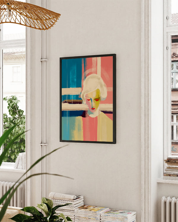 Blau, Rosa Hintergrund mit weißen Balken, Büste in der Mitte, schwarzer Rahmen