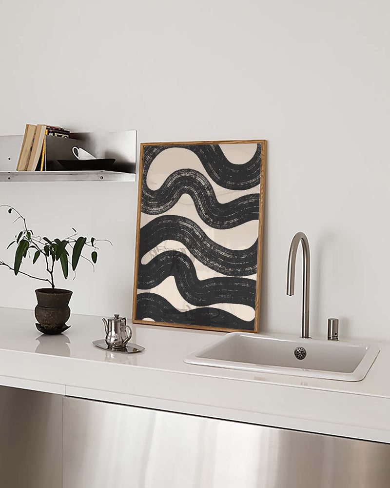 Schwarz Weiß Wellenmuster Poster – Black Wave Pattern