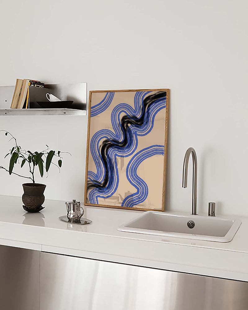 Blau Schwarzes Wellen Poster – Blue Black Wave Abstract