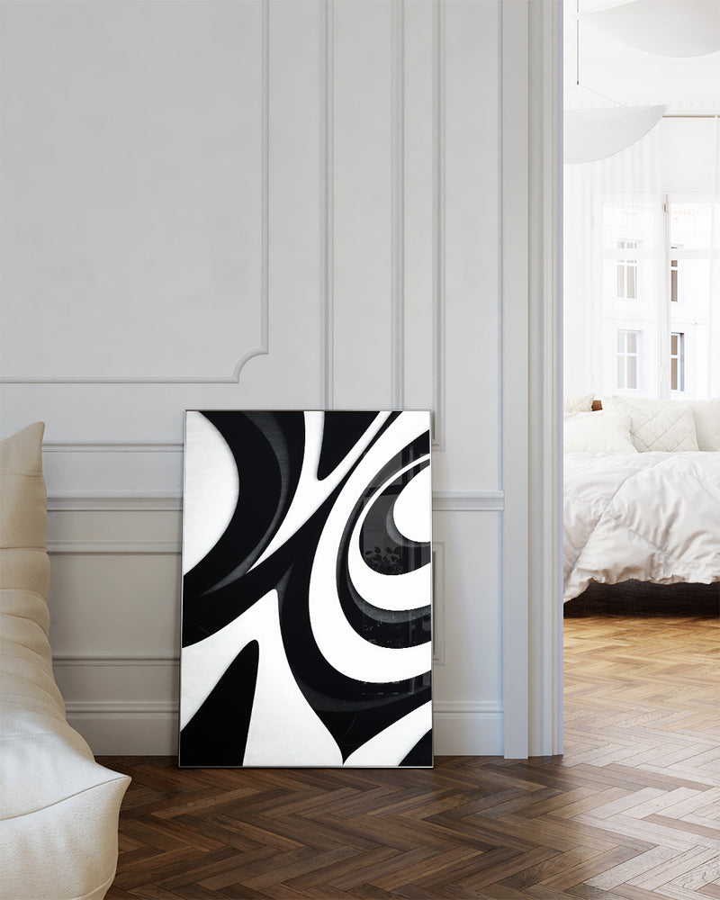 Abstraktes Formen Poster Schwarz Weiß – Mono Drift Poster – FineArt Wandbild, moderne Kunst & Fine Art Print von Spawnd, handgefertigt & Made in Germany