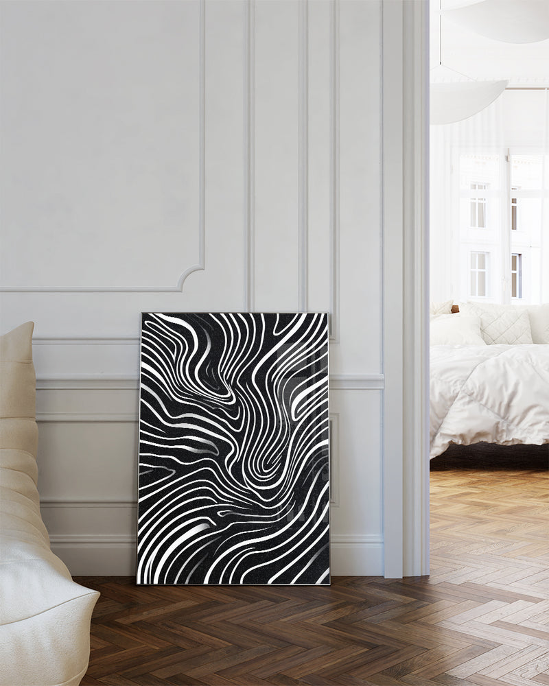 Abstraktes Linienmuster Poster Schwarz Weiß – Mono Influence Poster – FineArt Wandbild, moderne Kunst & Fine Art Print von Spawnd, handgefertigt & Made in Germany