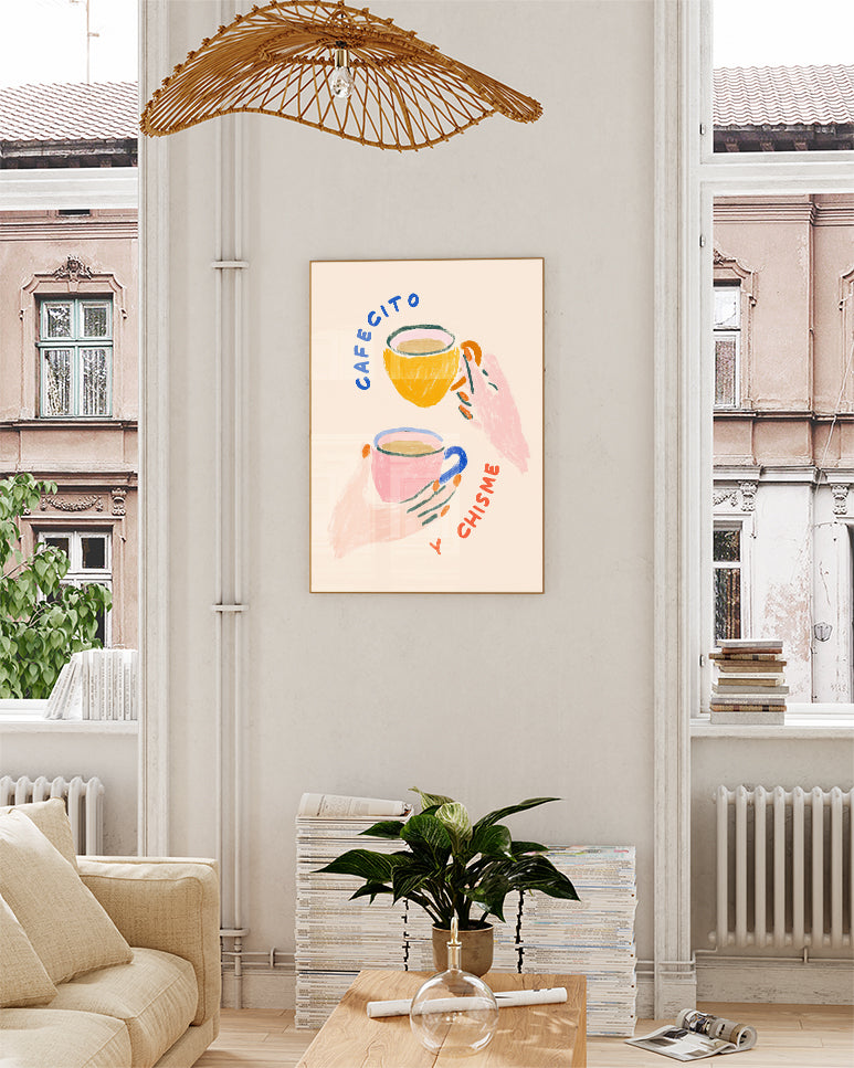 Kaffee Poster mit Spruch – Cafecito y Chisme Poster – FineArt Wandbild, moderne Kunst & Fine Art Print von Spawnd, handgefertigt & Made in Germany