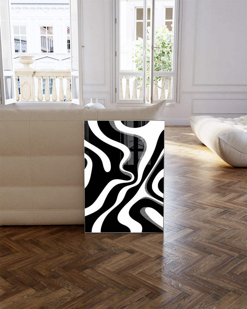 Minimalistisches Schwarz Weiß Wellen Poster – Minimal Instinct Poster – FineArt Wandbild, moderne Kunst & Fine Art Print von Spawnd, handgefertigt & Made in Germany