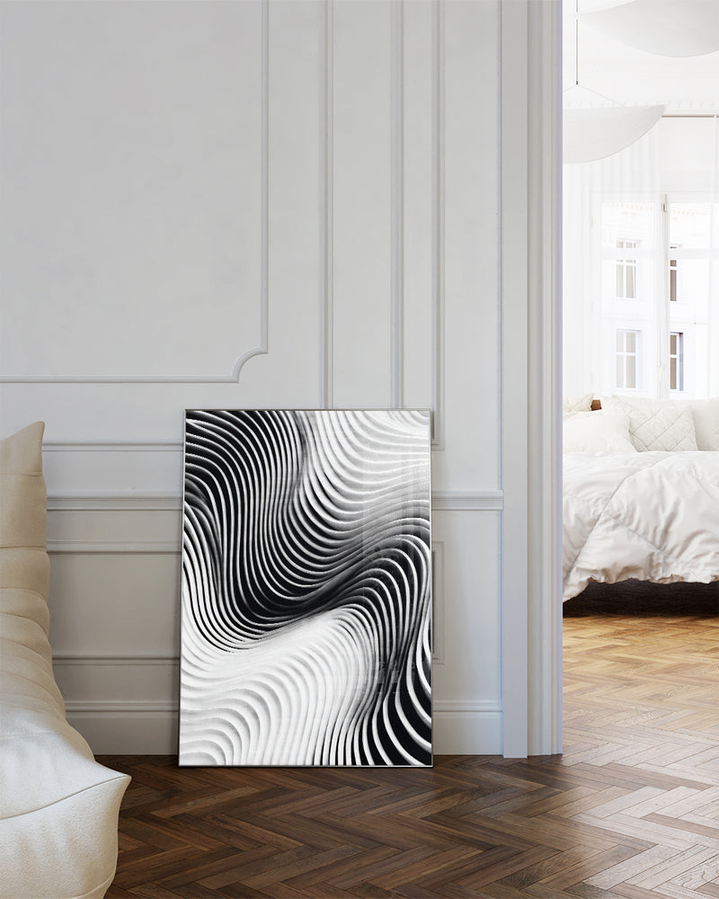 Modernes Schwarz Weiß Wellen Poster – Black Resonance Poster – FineArt Wandbild, moderne Kunst & Fine Art Print von Spawnd, handgefertigt & Made in Germany