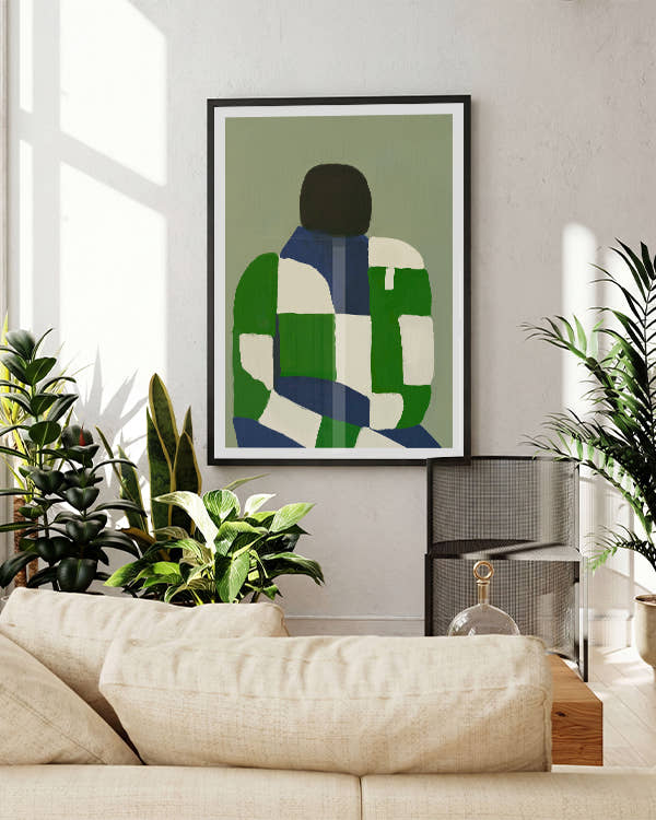 Grüner Hintergrund, Figur mit grün weißem Pulli und blauer Hose 