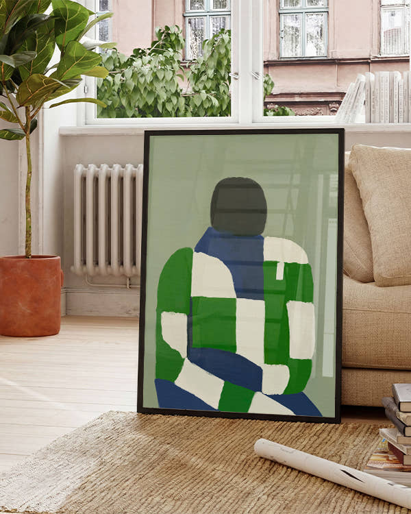 Grüner Hintergrund, Figur mit grün weißem Pulli und blauer Hose 