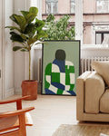 Grüner Hintergrund, Figur mit grün weißem Pulli und blauer Hose 