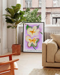 Lila Hintergrund, zwei weiße Blumen "Soft Chaos where Beauty meets disorder"