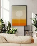 Farbverlauf, hellblau, beige, orange, dunkelorange. In der Mitte ein weißer Kreis