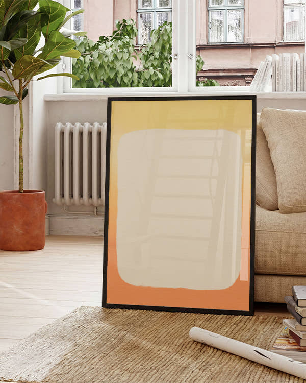 Farbverlauf von gelb zu orange im Hintergrund, beiges Rechteck drüber