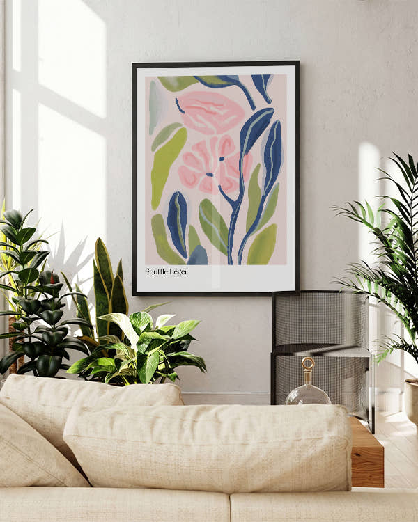 Zwei Rosa Blumen, blaue und grüne Blätter drum herum