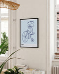 Sketch mit Figur auf Mittelalterlichem Fahrrad auf blauem Hintergrund unten Aufschrift "Speedr"