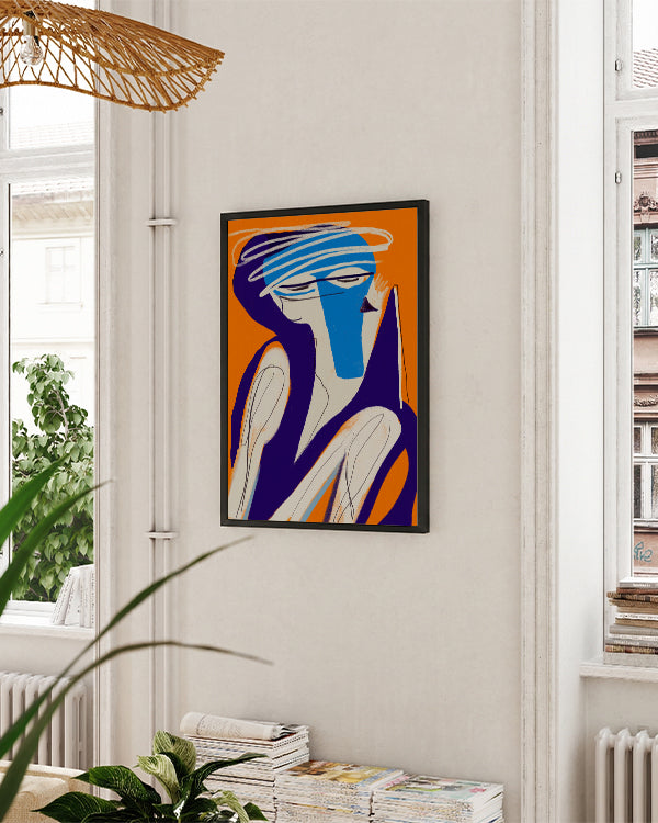 Figur, asymmetrisch, oranger Hintergrund, lila, weiß, blau