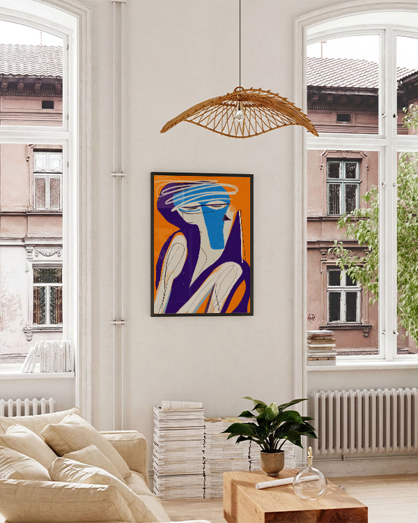 Figur, asymmetrisch, oranger Hintergrund, lila, weiß, blau