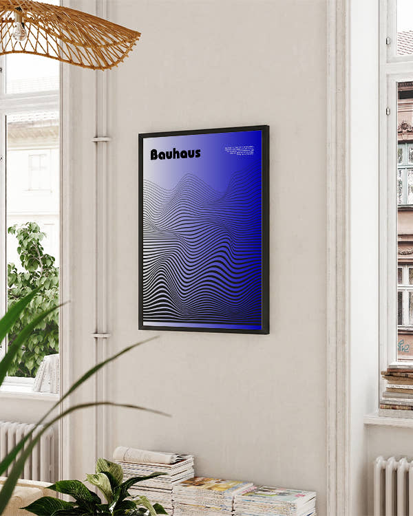 Blauer Hintergrund, schwarze Wellen Linien, "Bauhaus"