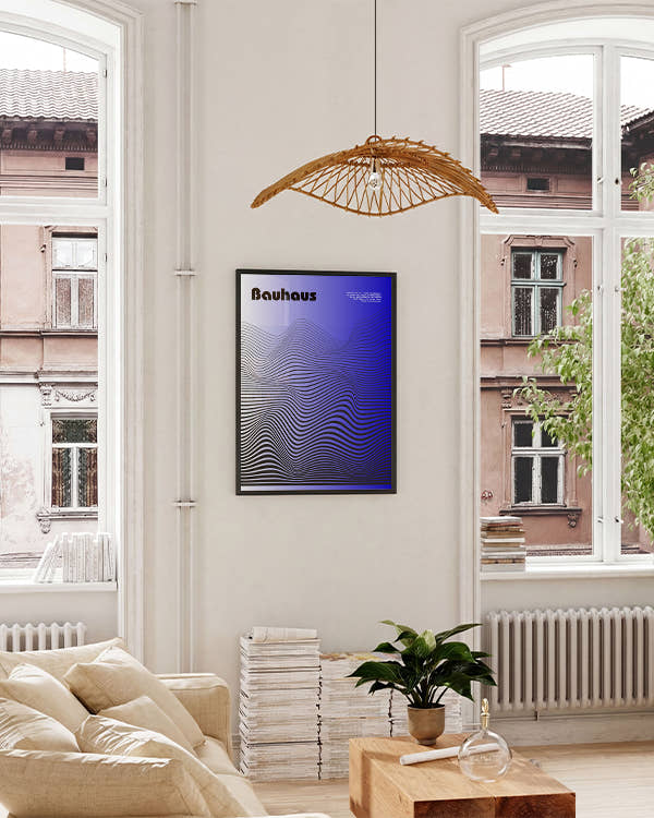 Blauer Hintergrund, schwarze Wellen Linien, "Bauhaus"