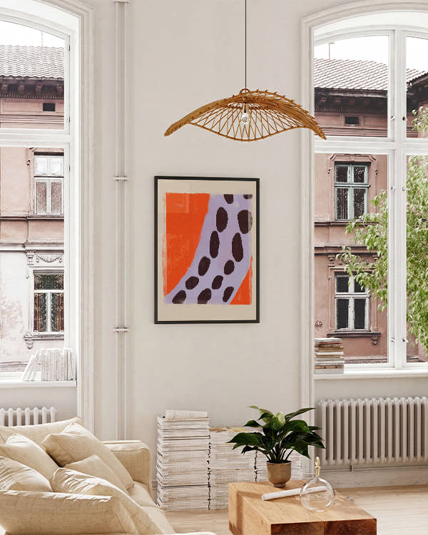 Orangener Hintergrund, lila Streifen mit schwarzen Punkten drin. Schwarzer Rahmen