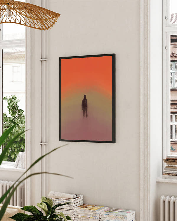 Orange, grün, lila verlaufender Hintergrund, in der Mitte schwarze Silhouette. Schwarzer Rahmen