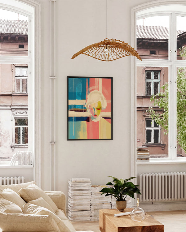 Blau, Rosa Hintergrund mit weißen Balken, Büste in der Mitte, schwarzer Rahmen