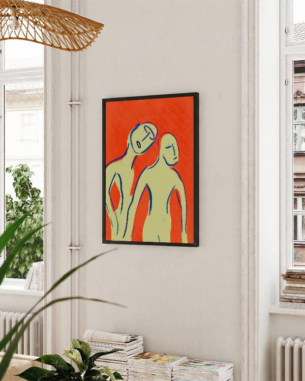 Zwei Figuren auf orangenem Hintergrund, schwarzer Rahmen