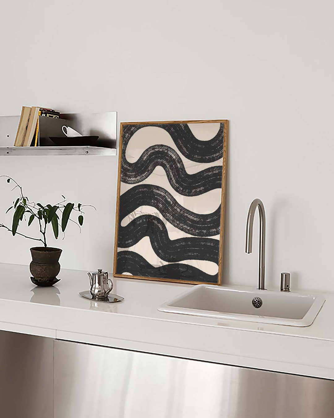 Schwarz Weiß Wellenmuster Poster – Black Wave Pattern