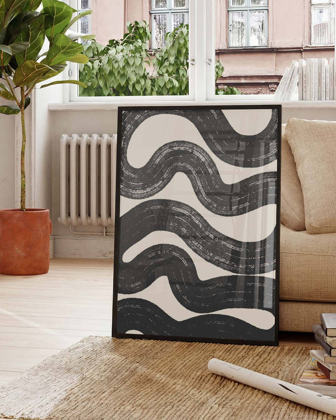 Schwarz Weiß Wellenmuster Poster – Black Wave Pattern