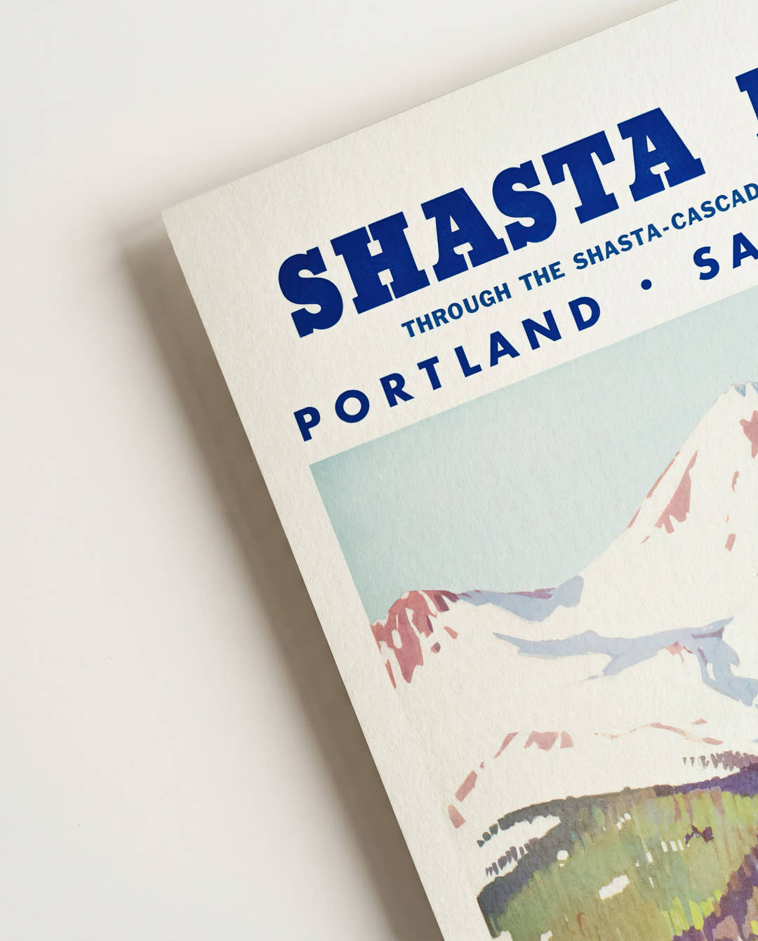 Vintage USA Eisenbahn Poster mit Mount Shasta &amp; Dampflok – Shasta Route Southern Pacific