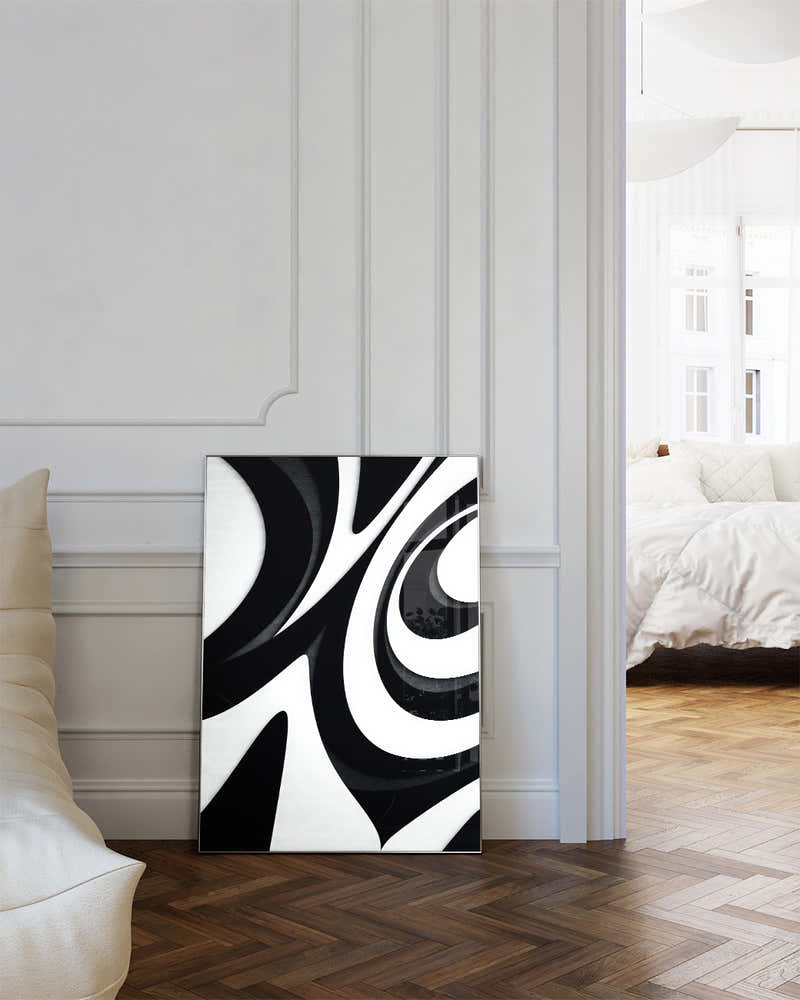 Abstraktes Formen Poster Schwarz Weiß – Mono Drift Poster – FineArt Wandbild, moderne Kunst & Fine Art Print von Spawnd, handgefertigt & Made in Germany