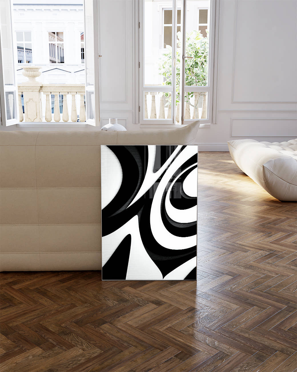 Abstraktes Formen Poster Schwarz Weiß – Mono Drift Poster – FineArt Wandbild, moderne Kunst &amp; Fine Art Print von Spawnd, handgefertigt &amp; Made in Germany