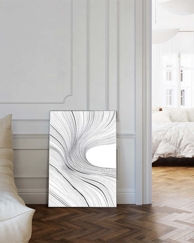 Abstraktes Linien Poster Schwarz Weiß – Mono Current Poster – FineArt Wandbild, moderne Kunst & Fine Art Print von Spawnd, handgefertigt & Made in Germany