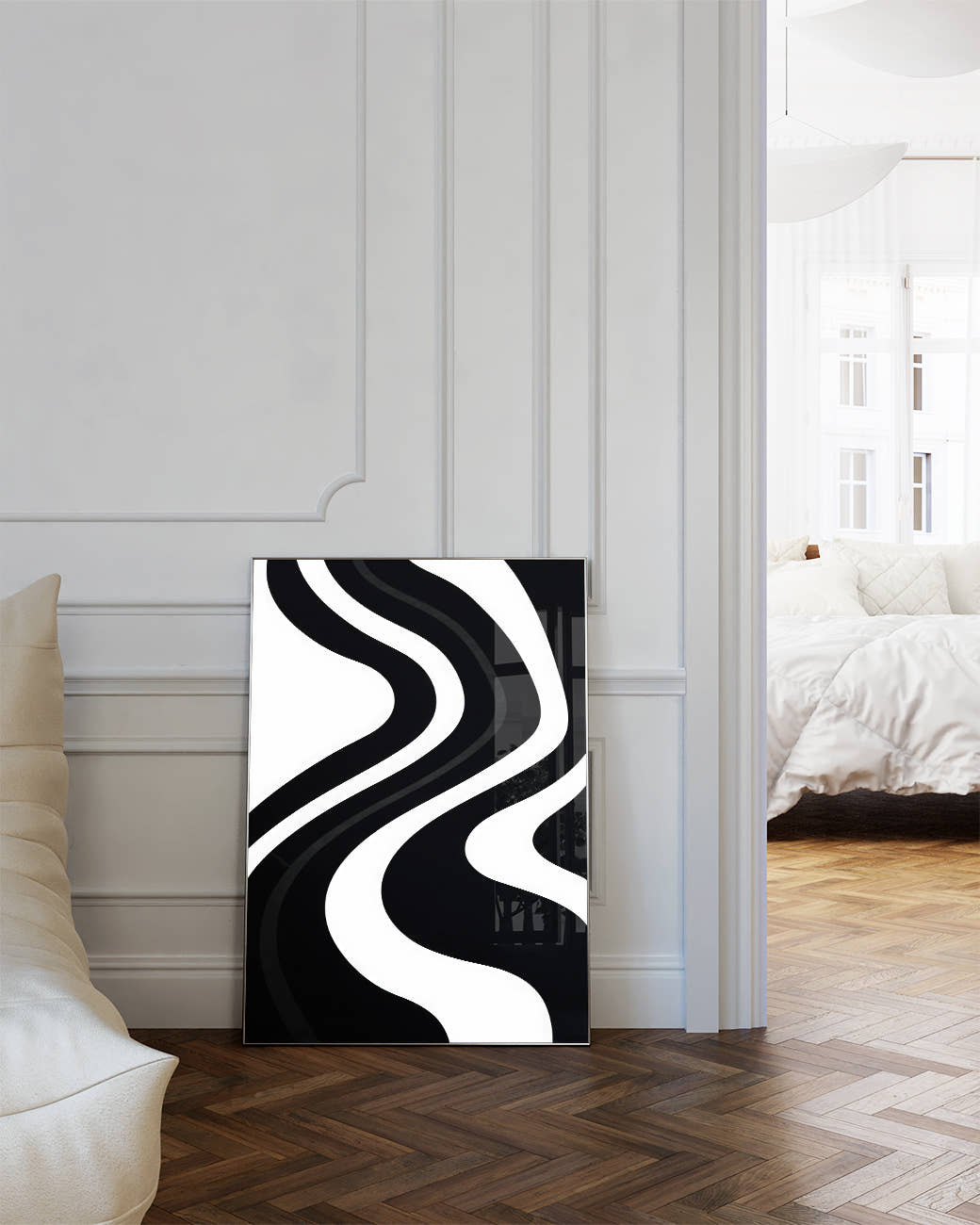 Abstraktes Linien Poster Schwarz Weiß – Mono Rhythm Poster – FineArt Wandbild, moderne Kunst &amp; Fine Art Print von Spawnd, handgefertigt &amp; Made in Germany