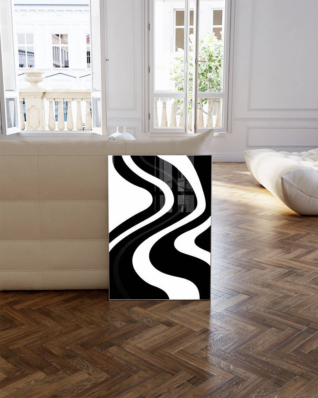 Abstraktes Linien Poster Schwarz Weiß – Mono Rhythm Poster – FineArt Wandbild, moderne Kunst &amp; Fine Art Print von Spawnd, handgefertigt &amp; Made in Germany