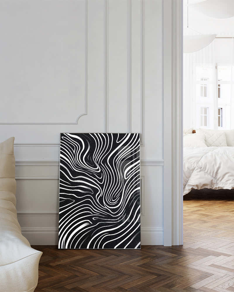 Abstraktes Linienmuster Poster Schwarz Weiß – Mono Influence Poster – FineArt Wandbild, moderne Kunst & Fine Art Print von Spawnd, handgefertigt & Made in Germany