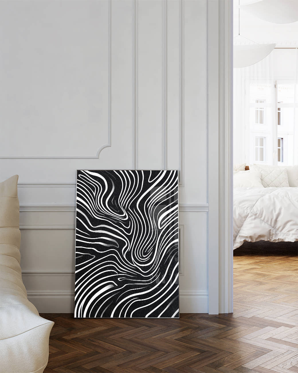 Abstraktes Linienmuster Poster Schwarz Weiß – Mono Influence Poster – FineArt Wandbild, moderne Kunst &amp; Fine Art Print von Spawnd, handgefertigt &amp; Made in Germany