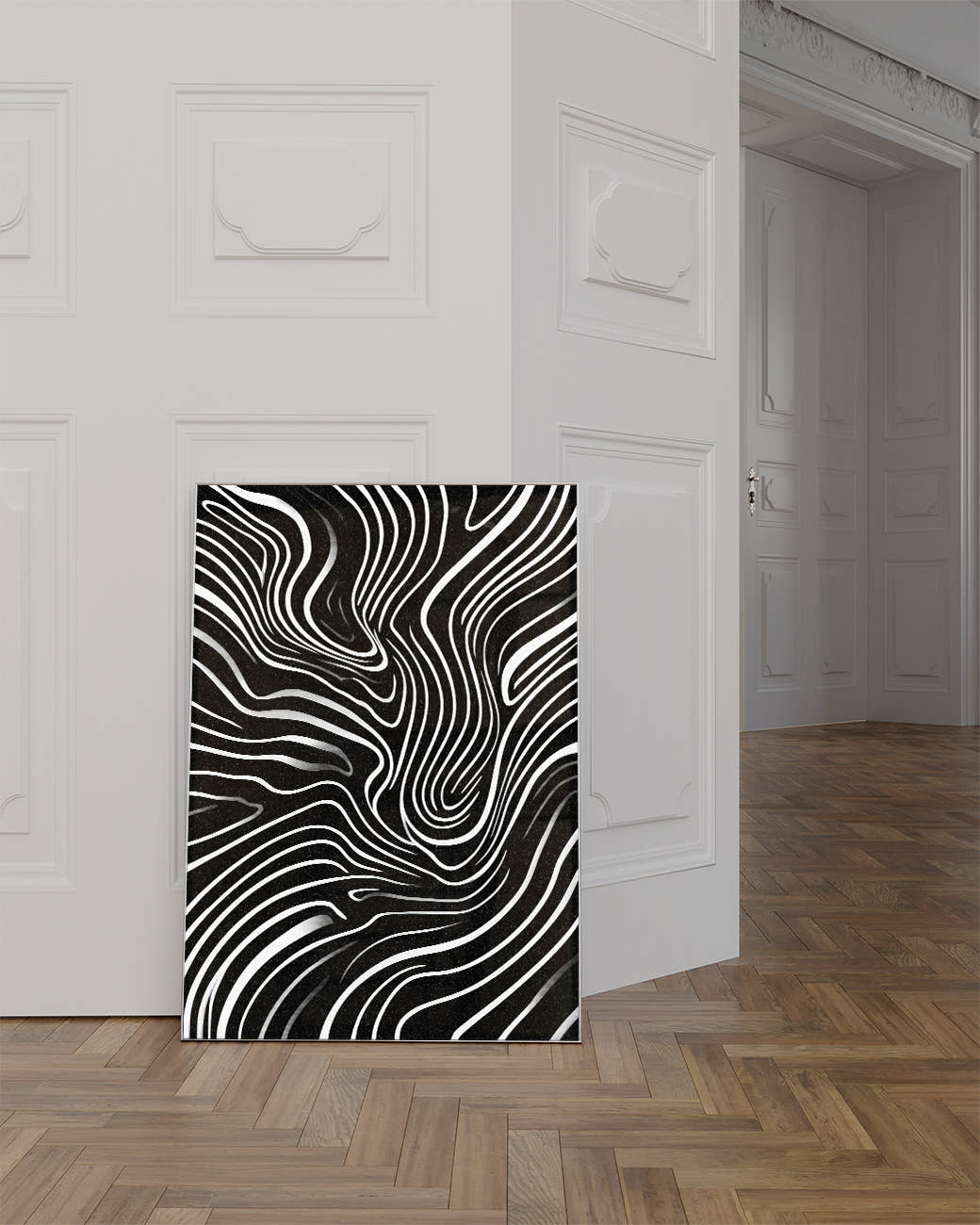 Abstraktes Linienmuster Poster Schwarz Weiß – Mono Influence Poster – FineArt Wandbild, moderne Kunst &amp; Fine Art Print von Spawnd, handgefertigt &amp; Made in Germany