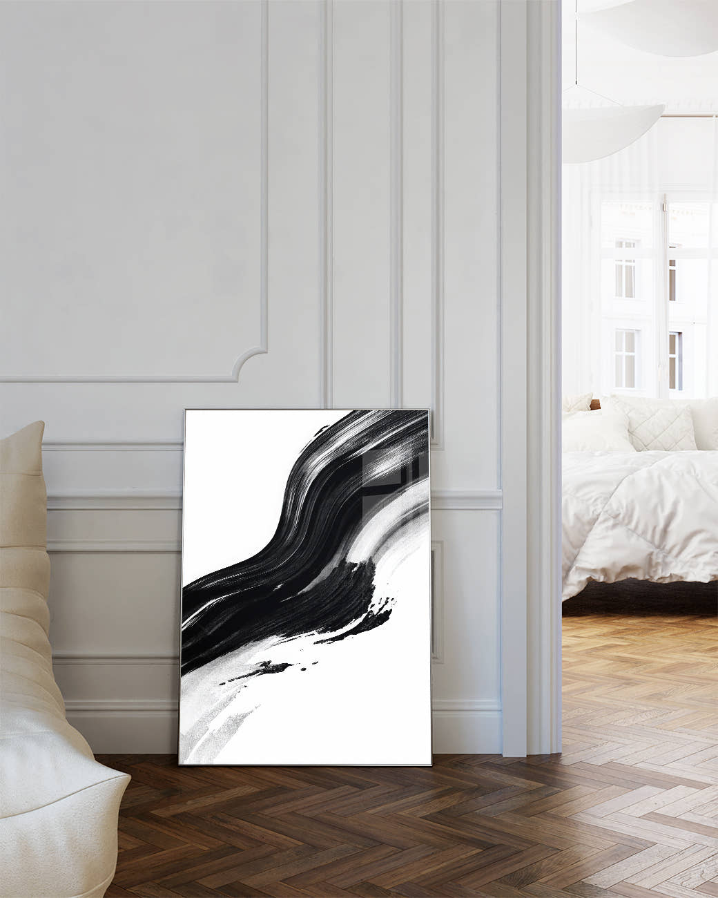Abstraktes Schwarz Weiß Linien Muster – Dark Interlock Poster – FineArt Wandbild, moderne Kunst &amp; Fine Art Print von Spawnd, handgefertigt &amp; Made in Germany
