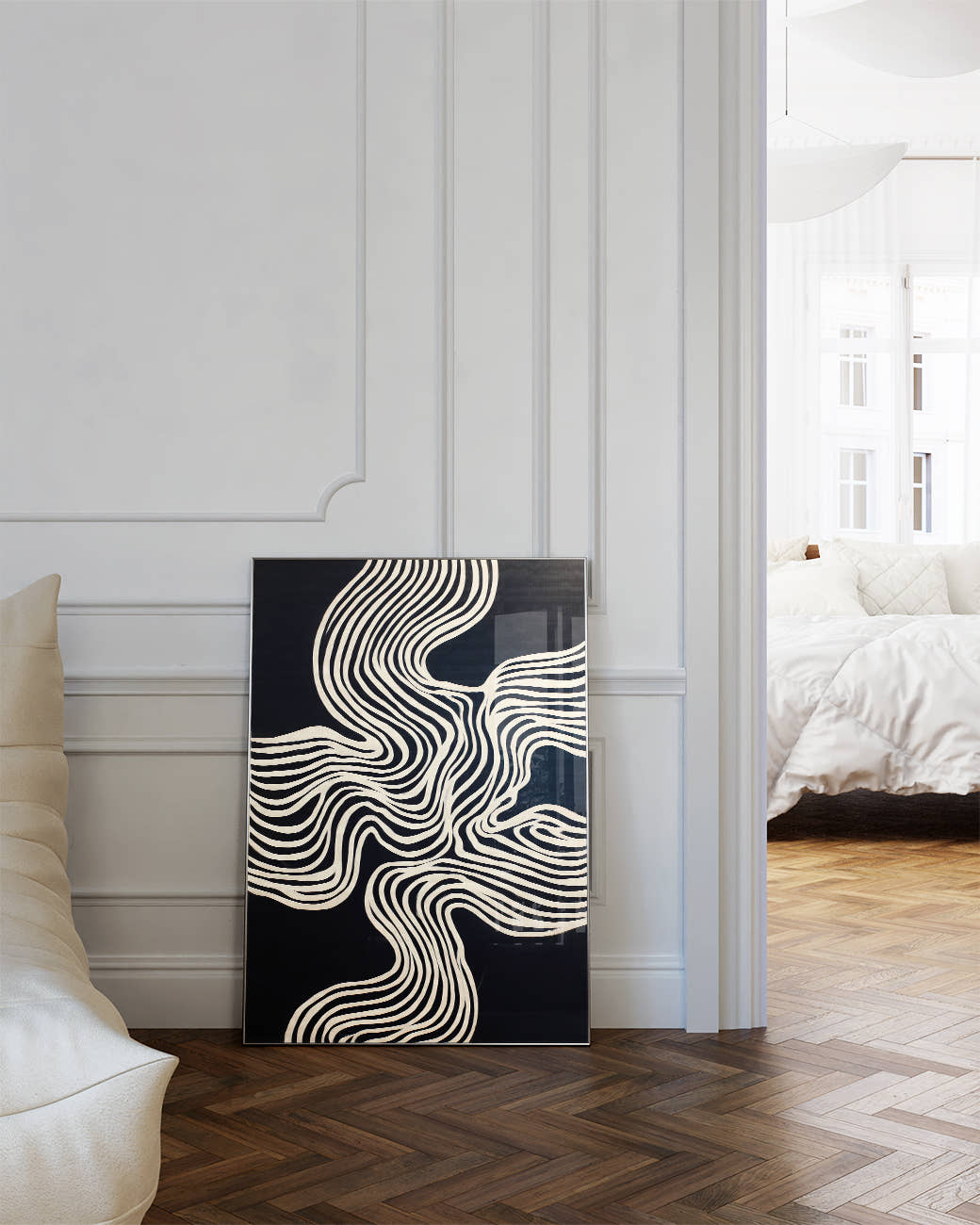 Abstraktes Schwarz Weiß Linien Poster – Inner Axis Poster – FineArt Wandbild, moderne Kunst &amp; Fine Art Print von Spawnd, handgefertigt &amp; Made in Germany
