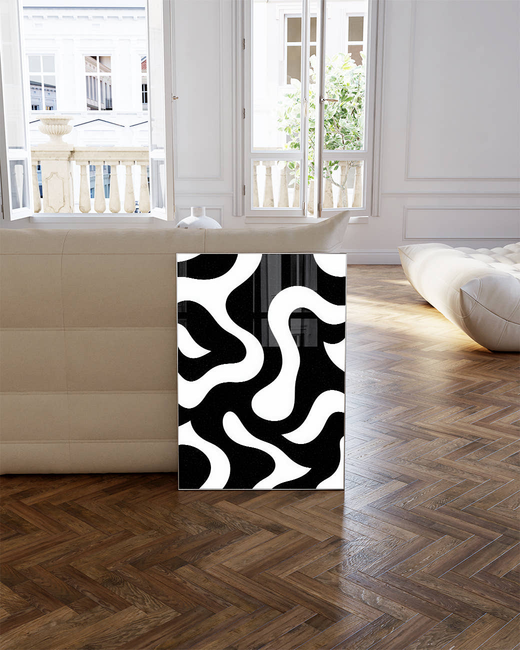 Abstraktes Wellen Poster Schwarz Weiß – Mono Flowline Poster – FineArt Wandbild, moderne Kunst &amp; Fine Art Print von Spawnd, handgefertigt &amp; Made in Germany