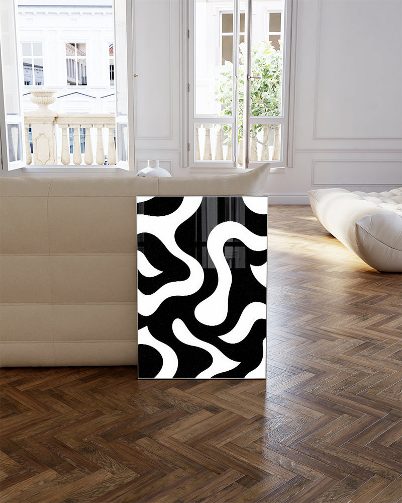 Abstraktes Wellen Poster Schwarz Weiß – Mono Flowline Poster – FineArt Wandbild, moderne Kunst & Fine Art Print von Spawnd, handgefertigt & Made in Germany