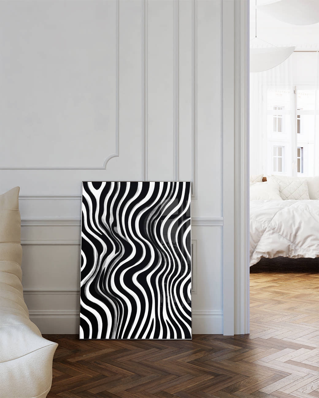 Abstraktes Wellen Poster Schwarz Weiß – Mono Tide Poster – FineArt Wandbild, moderne Kunst &amp; Fine Art Print von Spawnd, handgefertigt &amp; Made in Germany