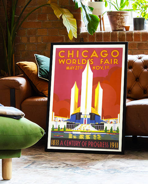 Art Deco Weltausstellung Architektur Poster – Chicago World’s Fair 1933 Poster – FineArt Wandbild, moderne Kunst &amp; Fine Art Print von Spawnd, handgefertigt &amp; Made in Germany