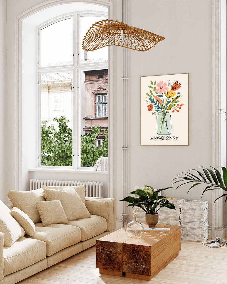 Blumen Poster mit Spruch – Blooming Gently Poster – FineArt Wandbild, moderne Kunst &amp; Fine Art Print von Spawnd, handgefertigt &amp; Made in Germany