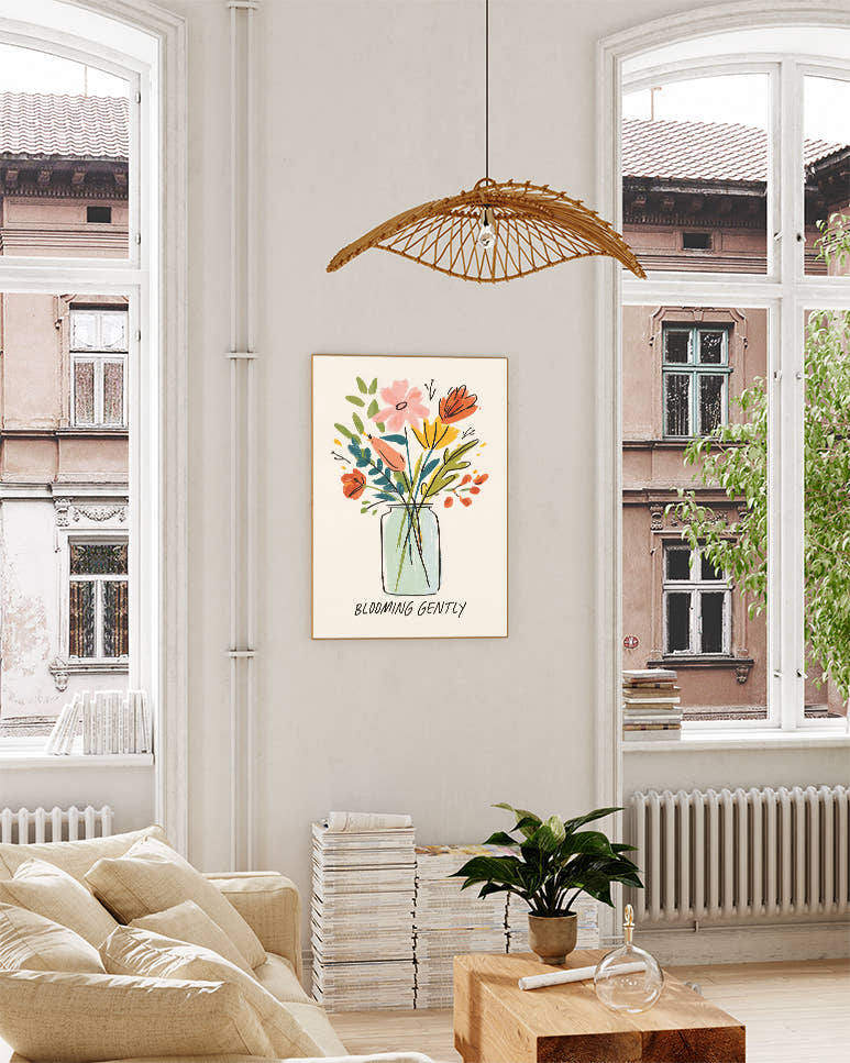 Blumen Poster mit Spruch – Blooming Gently Poster – FineArt Wandbild, moderne Kunst &amp; Fine Art Print von Spawnd, handgefertigt &amp; Made in Germany