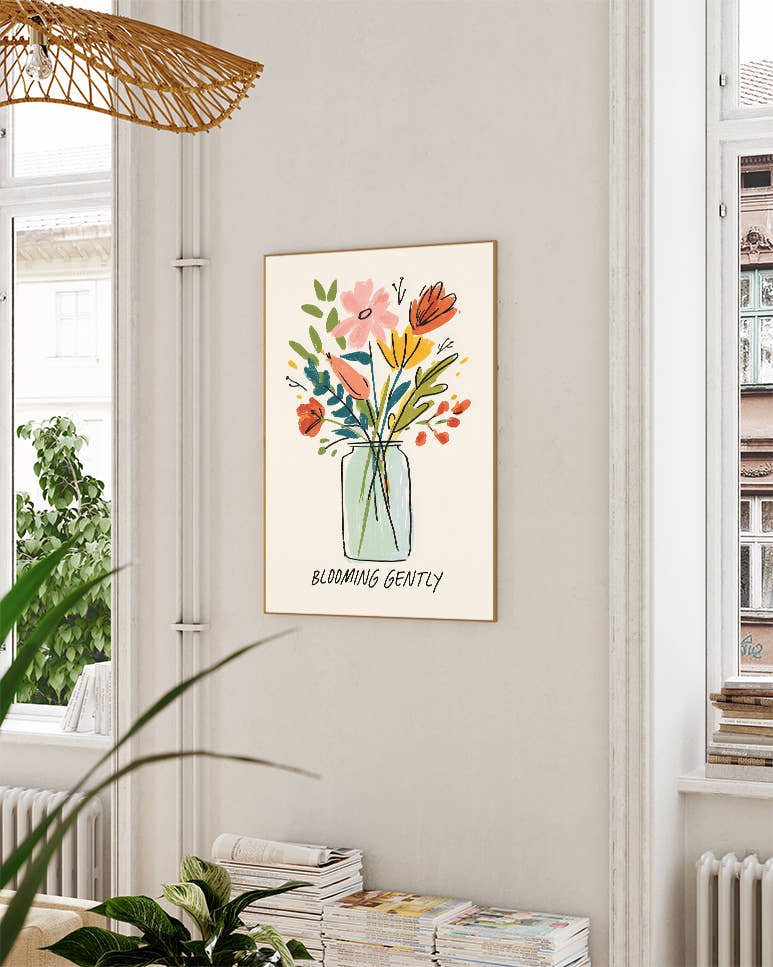 Blumen Poster mit Spruch – Blooming Gently Poster – FineArt Wandbild, moderne Kunst &amp; Fine Art Print von Spawnd, handgefertigt &amp; Made in Germany