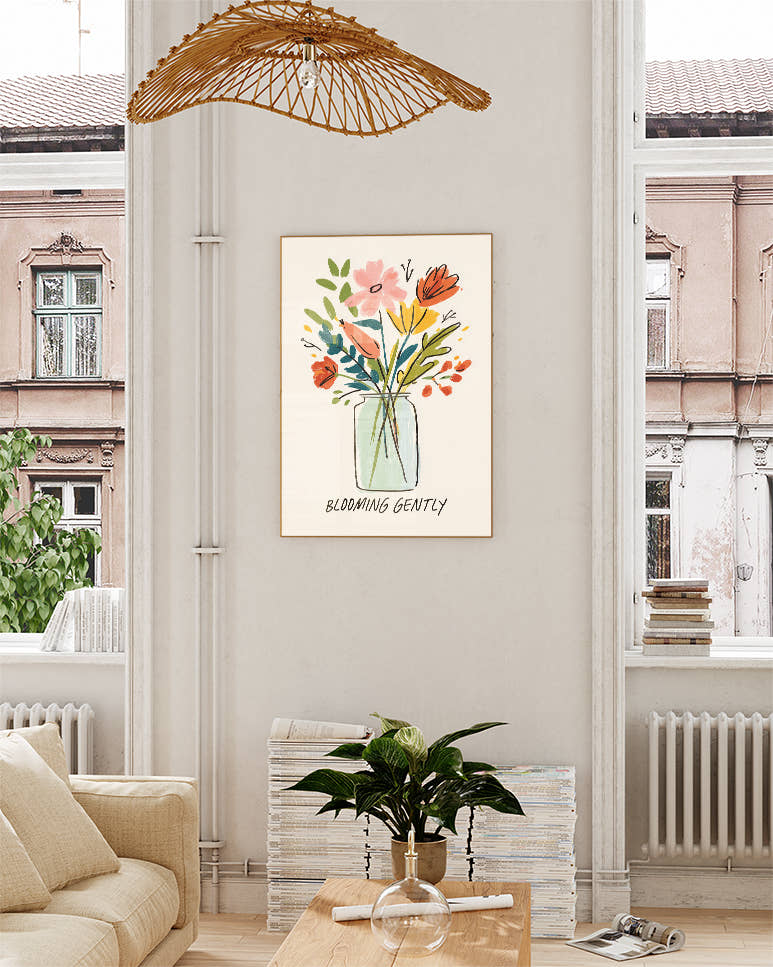 Blumen Poster mit Spruch – Blooming Gently Poster – FineArt Wandbild, moderne Kunst &amp; Fine Art Print von Spawnd, handgefertigt &amp; Made in Germany