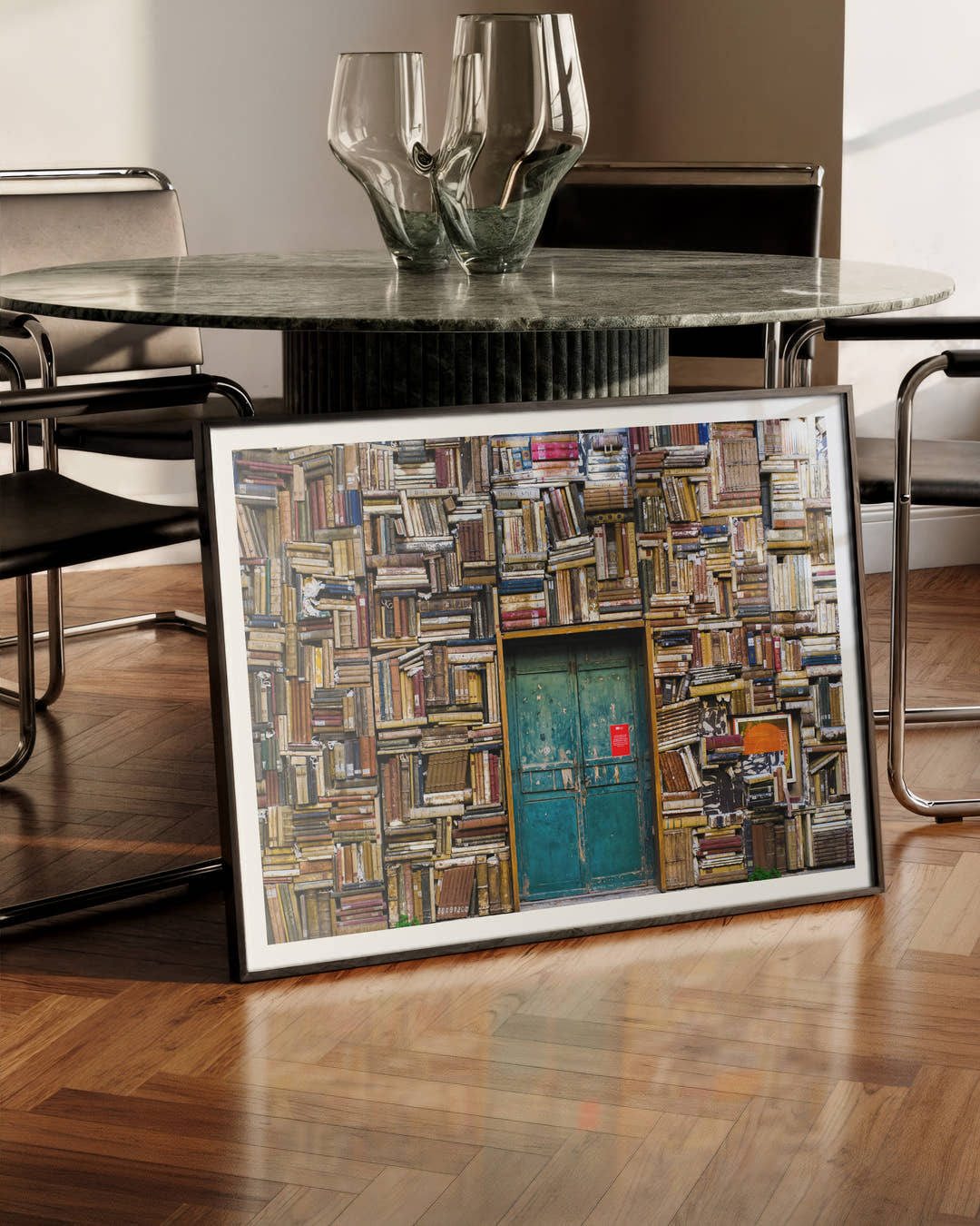 Books in shelves Poster – FineArt Wandbild, moderne Kunst &amp; Fine Art Print von Spawnd, handgefertigt &amp; Made in Germany