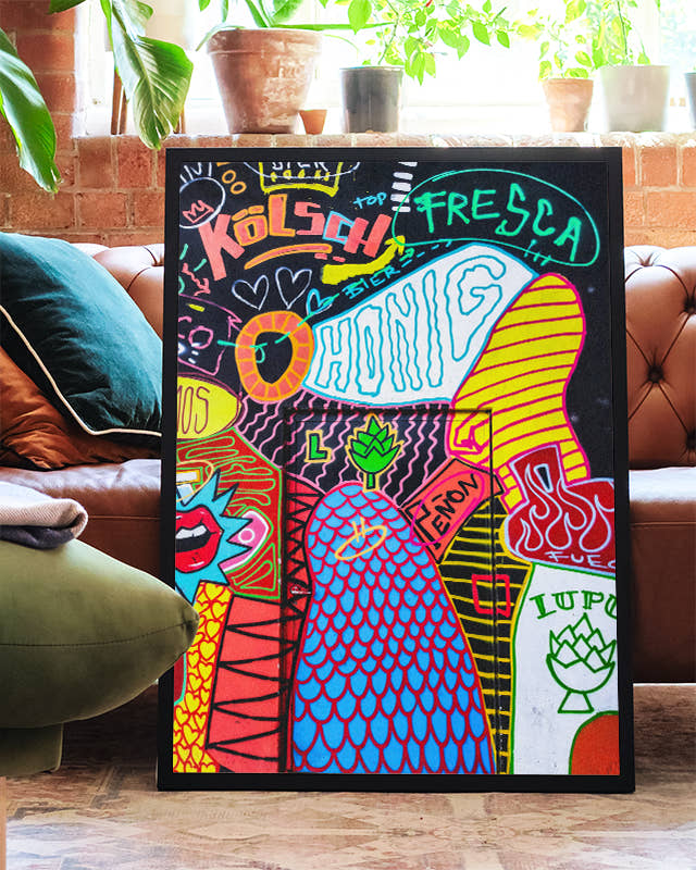 Bunte Bier &amp; Hopfen Streetart Poster – Hopfen Liebe Graffiti Poster – FineArt Wandbild, moderne Kunst &amp; Fine Art Print von Spawnd, handgefertigt &amp; Made in Germany