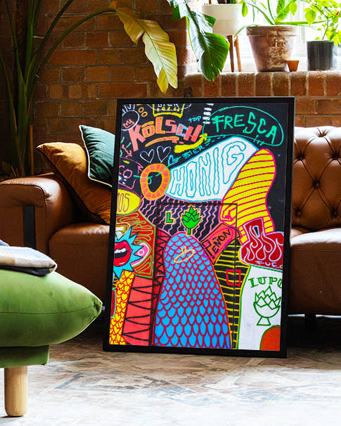 Bunte Bier &amp; Hopfen Streetart Poster – Hopfen Liebe Graffiti Poster – FineArt Wandbild, moderne Kunst &amp; Fine Art Print von Spawnd, handgefertigt &amp; Made in Germany