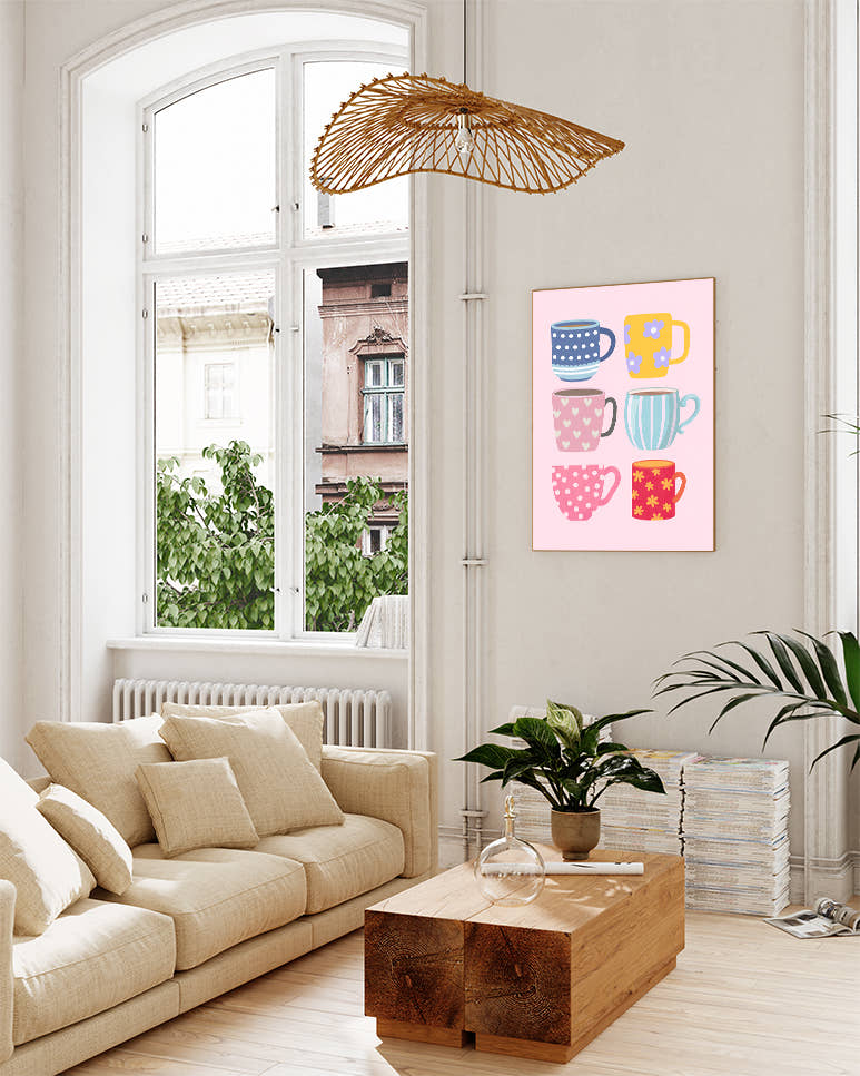 Coffee Mugs Poster – Bunte Kaffeetassen Illustration Poster – FineArt Wandbild, moderne Kunst &amp; Fine Art Print von Spawnd, handgefertigt &amp; Made in Germany